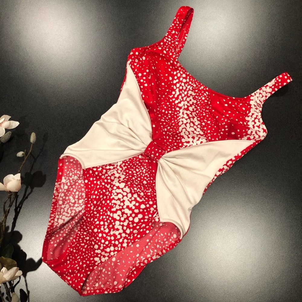 Vintage Mainstream Bow Front Red White Dot One Piece Swimsuit USA 80s 90s